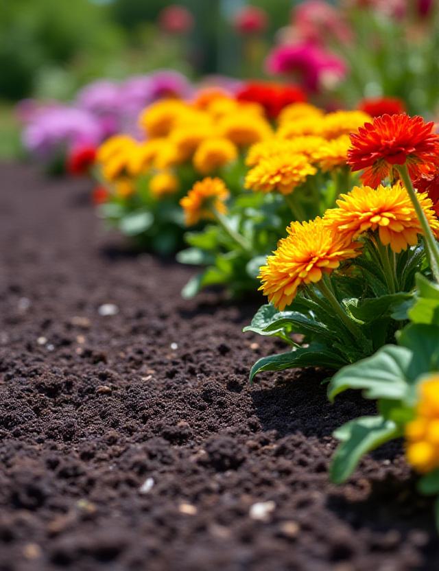 Fresh mulch and colorful flower bed installation